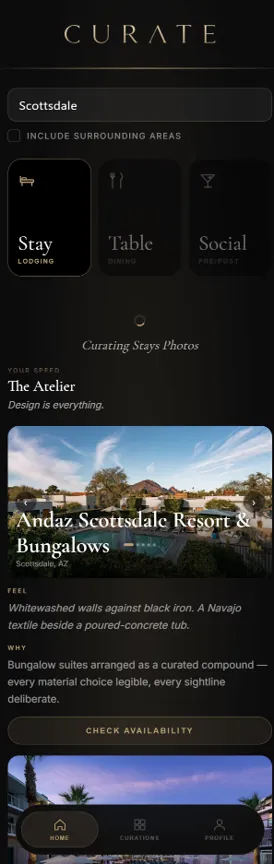 A CurateVIP stay result in the member app, showing a matched hotel with a FEEL summary and a WHY explaining the match.